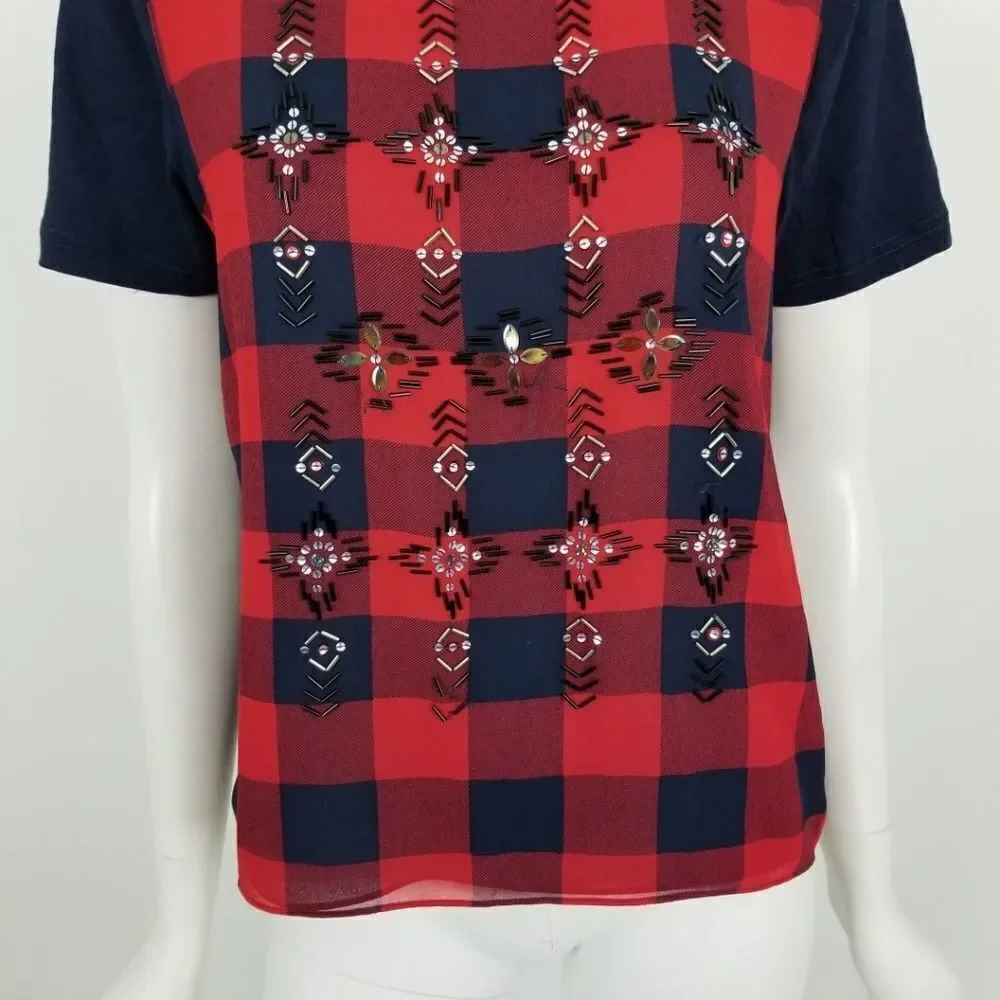 J. Crew Embellished Tartan Plaid T Shirt Small